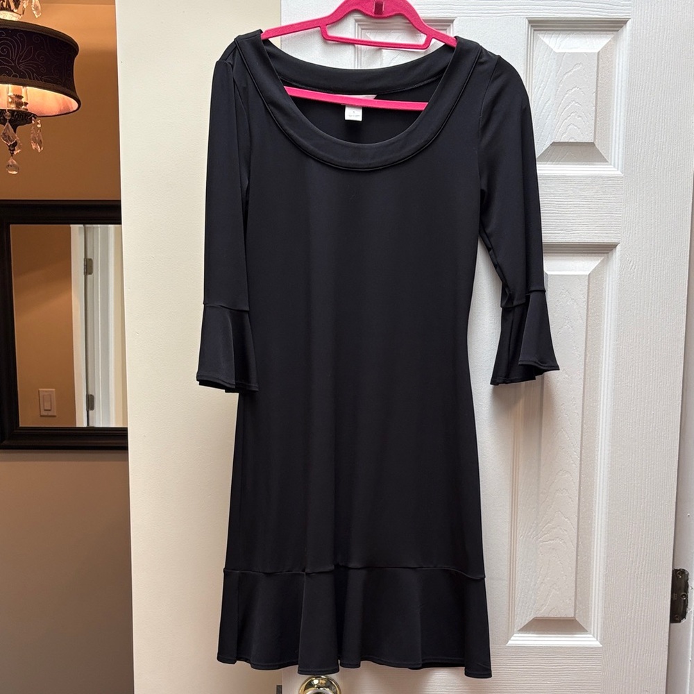 2/$10 White House Black Market Black Midi Dress Small EUC ruffle sleeve and hem